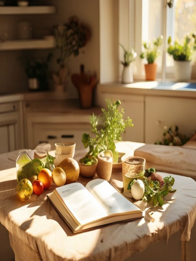 Beautiful table setting with fresh ingredients and meal planning notebook